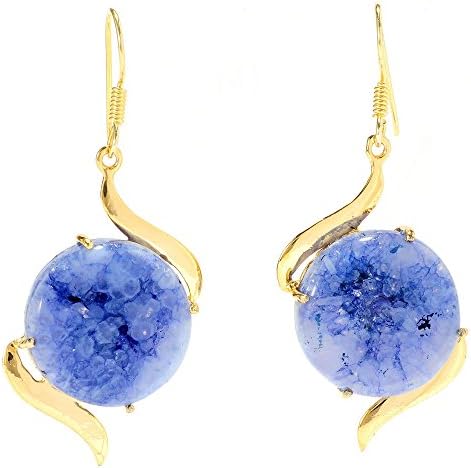 Jewelry By V3 Women's Druzy Agate Swirl Design Gold Plated Brass Drop Earring Blue