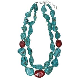 Sterling Silver Turquoise Nugget and Coral Double Strand Necklace, 17 by