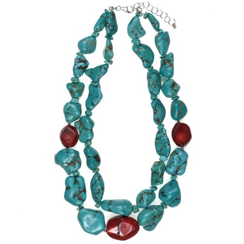 Sterling Silver Genuine Turquoise Nugget and Coral Double Strand Necklace, 17″