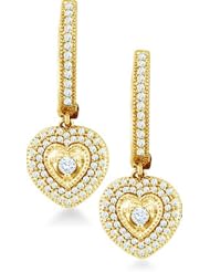 10k Yellow OR White Gold Pave Set Round Diamond Heart Shape Dangle Earrings (3/4 cttw)