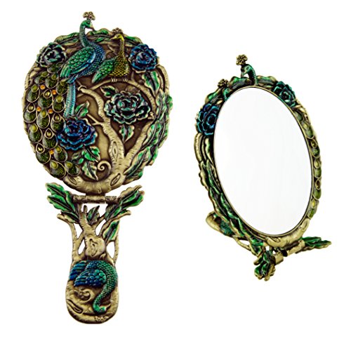Ivenf Large Size Vintage Foldable Metal Handheld Oval Make-Up Mirror, Peacock Couple In Woods, Bronze