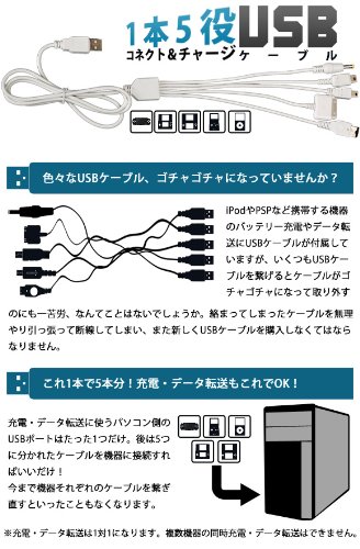 Cover image : 充電やデータ通信のコードの絡みなし！1本で5役！コネクト&チャージ マルチUSB充電ケーブル(PSP、DS Lite、iPod用)