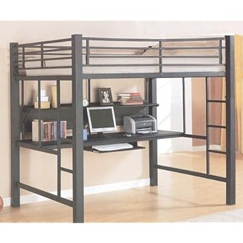 Contemporary Black Metal Loft Bed & Computer Workstation