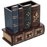 Decorative Library Books Design Wooden Office Supply Caddy Pencil Holder Organizer with Bottom Drawer