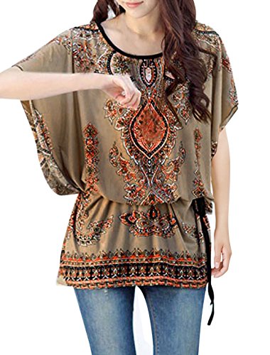 Women Round Neck Batwing Sleeve Semi Sheer Multicolor Tunic Shirt