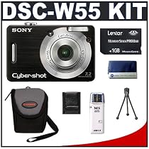 Sony CyberShot DSC-W55 7.2 Megapixel Digital Camera with 3x Optical Zoom (Black) + Lexar Media 1GB 40x Platinum II Series Memory Stick (MS) PRO Duo Card + Digital Camera Case + High Speed USB 2.0 SecureDigital (MS) Card Reader