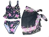 YBL 3 pc Tankini Bikini Halter Swimsuit in Multiple Colors & Prints with Sarong Pareo Wrap