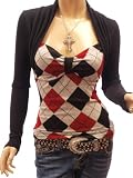 Patty Women Smart Checkers / Solid Bolero Style Long Sleeve Knit Blouse Top