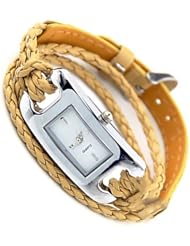 Fashion Womens Quartz Square Dial Weave Wrap Fuax Leather Bracelet Watch Yellow