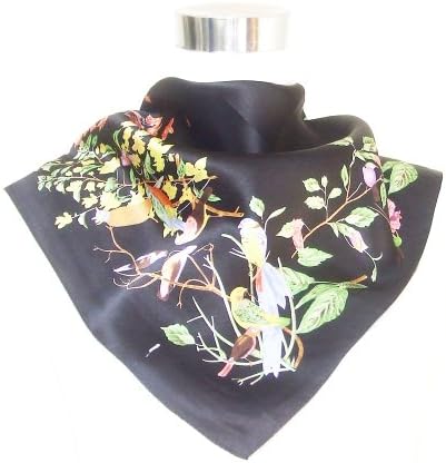 Satin Multicolored Bird Print on Black - Silk Bandana 21" x 21"