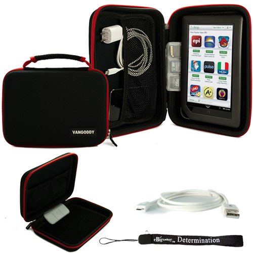 Black with Red Trim //STAY ORGANIZED// Travel Easy with Maximum Protection Hard Nylon Cube Carrying Case For Barnes & Noble NOOK COLOR eBook Reader Tablet + Includes a eBigValue (TM) Determination Hand Strap + Includes a USB Data Sync Cable for your e