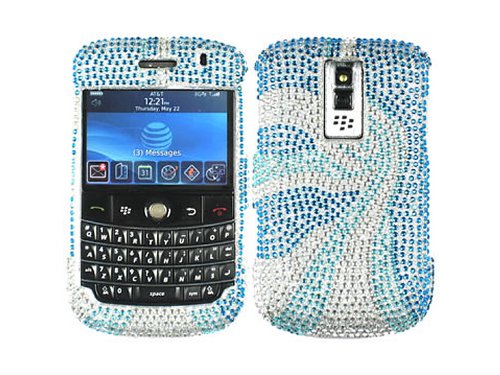 Swirl Blue Bling Rhinestone Faceplate Diamond Crystal Hard Skin Case Cover for Blackberry Bold 9000