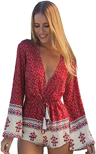 JiTM Womens Red Floral Long Sleeve Deep V-Neck Rompers S