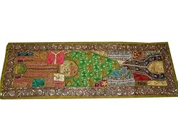 Olive Green Beaded Sequin Sari India Wall Hanging Table Tapestry Throw
