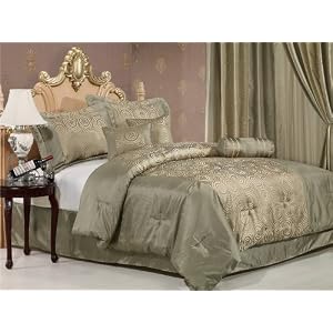 7 Pieces Luxury Sage Satin with Jacquard Swirl Comforter