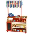 Wooden Mini Market Grocery Store Minimarket Checkout with Canopy, Cash Register, Shopping Basket, Groceries