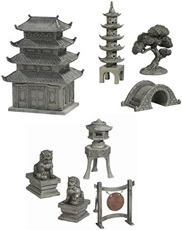 Small Worlds Complete 8pc Mini Zen Garden Figurines Pagoda Courtyard Accessories Bundle Set