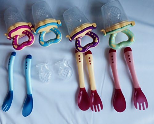 Baby Food Feeder with Extra Sac and Safe Hot/ Thermal Poon and Fork (Purple and Yellow)