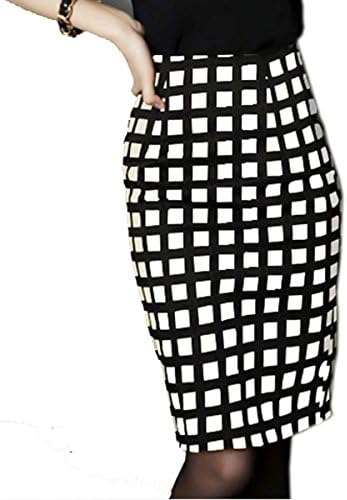 Vshop-2000 Women Package Grid Pattern Pencil Fitted Stretch Skirt