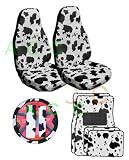 9 Piece Safari Animal Print Auto Interior Gift Set - 2 Cow Front Bucket Seat Covers, 1 Cow Steering Wheel Cover,2 Cow Shoulder Harness Pressure Relief Cover, 2 Cow Front Floor Mats, and 2 Rear Floor Mats