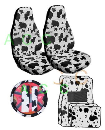 9 Piece Safari Animal Print Auto Interior Gift Set - 2 Cow Front Bucket Seat Covers, 1 Cow Steering Wheel Cover,2 Cow Shoulder Harness Pressure Relief Cover, 2 Cow Front Floor Mats, and 2 Rear Floor Mats