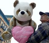 GIANT 32 MOTHERS DAY PANDA BIG STUFFED ANIMAL - HOLDS PINK SOFT HEART EMBROIDERED WITH THE WORDS: I LOVE MOM - UNIQIE LEOPARD LIKE FABRIC MAKES THIS PANDA REALLY STAND OUT - AMERICAN MADE IN THE USA AMERICA
