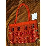 Womens Sari Handbag Flame Orange Banjara Mirrors Purse