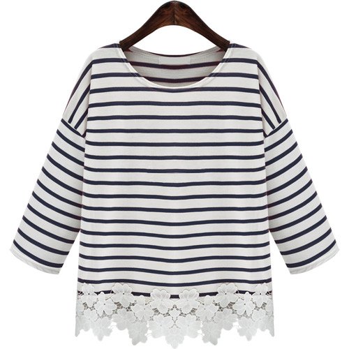 (イイネショップ) eeNeshop フラワー レース 切替 7分袖 ボーダー カットソー