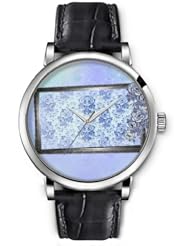 SPRAWL Aanalog Fashion Series Silver Ladies Watches of Genuine Black Leather Strap,Unique Wrist Watch for Women Girls Designed with Dark blue flowers frame