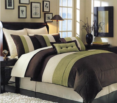 8 PC LUXURY OVERSIZED COMFORTER SET CHOCHOLATE BROWN / SAGE BED IN BAG - SUPER QUEEN SIZE BEDDING