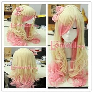 63cm Long Zipper Beige+pink Wavy Cosplay Hair Wig Rw157