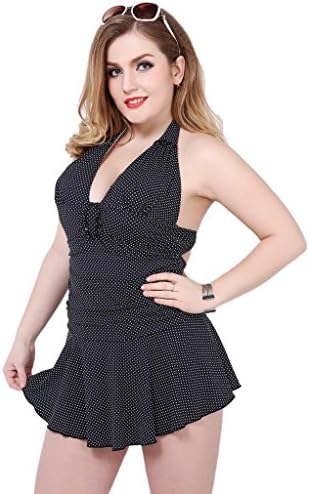 iRachel Women Plus Size Swimdress Pure Color One Piece Swimsuit Halter Beachwear