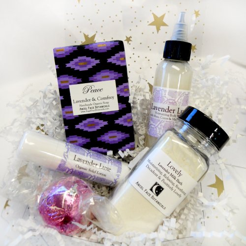 Lavender Aromatherapy Organic Gift-wrapped Set - Milk Bath, Lotion Stick, Soap, Shower Steamer & Body Wash