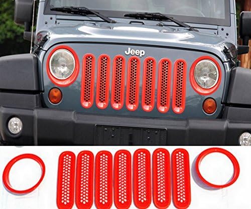 2015 Latest Red Front Grill Mesh Grille Insert Kit &amp; Light Lamp Cover Trim For 2007-2015 Jeep Wrangler JK 9PC