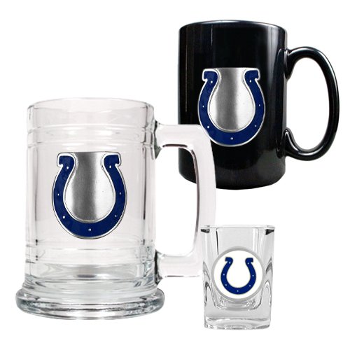 Indianapolis Colts NFL Glass Tankard Beer Mug / Ceramic Coffee Mug / Square Shot Glass 3-Piece Set -