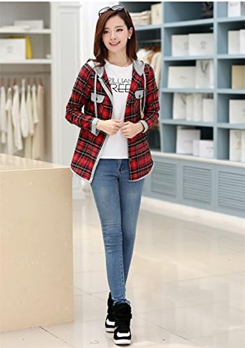 Rozzy K Womens Pocket Button Down Casual Plaid Hoodie Shirt Slim Fit Top Blouse Large Red