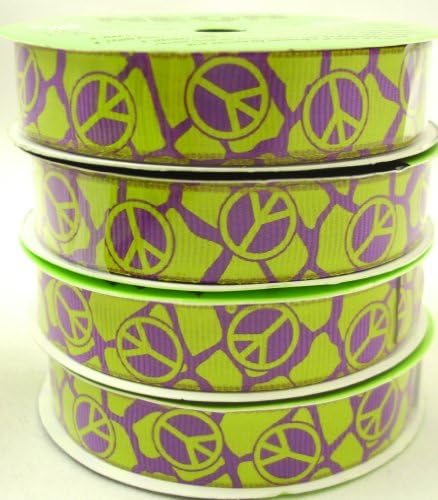 Morex Neon Grosgrain Animal Print & Peace Sign Ribbon, Two Designs: (8) Rolls, Lime Green & Purple.