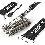 BBQ Grill Brush By USA Kitchen Elite - Best Barbecue Grill Cleaner - 18"- 3 Stainless Steel Brushes in 1 - Perfect for Char-Broil, Weber, Porcelain and Infrared Grills - Free Handy Bag + Basting Brush