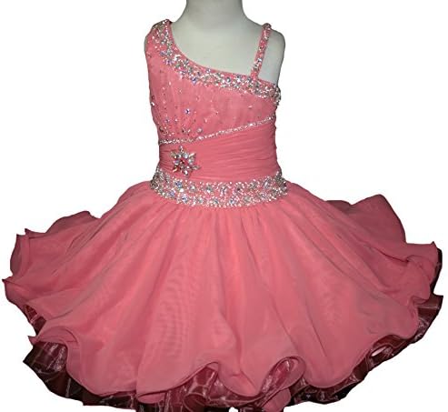 DFEC One Shoulder Beads Short Girls Cupcake Pageant Gowns Tutu Dresses 1 US Peach