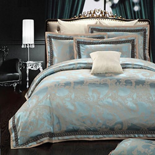 Sky Blue Color and Plant Printed Pattern100% Cotton Satin Jacquard Bedding Set 4 Pcs (Queen)