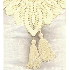 White Damask Tablecloth With Beige Lace Runner 60x108 by CentralChef