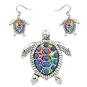 Silvertone Multi Color 2 Inch Turtle Pendant and Earrings Set