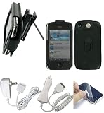 3n1 Combo Apple iPhone - Black Premium Leather Case with Removable Video Stand Rotating Belt Clip - Bundled with Screen Protector, 12v Rapid Premium Car Charger and Home Travel Wall AC Adapter Charger (Not Compatible with 1st Generation iPhone)