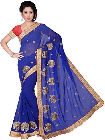 Suchi Women's Royal Blue Embroidery and Border Work Georgette Saree
