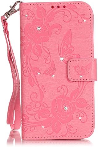 iPhone 7 Wallet Case,QFJ [ Wrist Strap ] Embossed [ Spot drilling ] Premium PU Leather Wallet [ Card Slots ] Flip Stand Case Cover for Apple iPhone 7 (4.7 inch) 2016 (Pink)