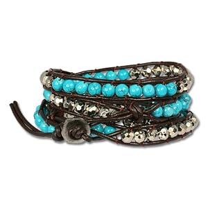 SilberDream Bracelet de cuir avec des pierres turquoises et d'autres éléments décoratifs Couleur brun, réglables pour les femme LA3191T