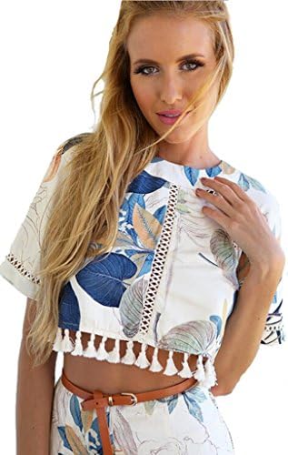 Womens Summer Blouse In Flower Prints With Tassels Crop Tops M