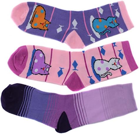 So Good Women's Crew Socks Crazy Cats Stripes (3 Pair) (Pink Purple)