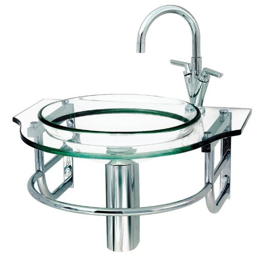 Decolav 2410T-TNG Wall Mounted Glass Lavatory with Tempered Glass and Semi-Recessed Vessel and Countertop, Transparent Natural Glass