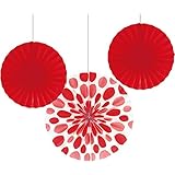 Creative Converting 3 Count Solid and Polka Dots Paper Fans, 12"/16", Classic Red